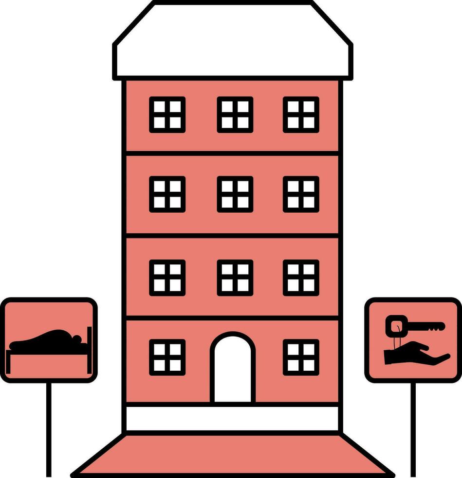 vandrarhem eller hotell byggnad ikon i röd och vit Färg. vektor