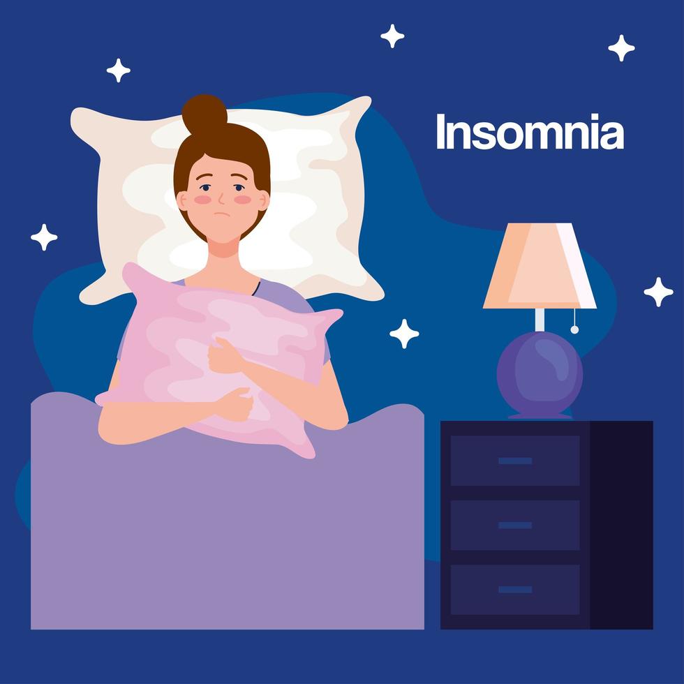 sömnlöshet kvinna på sängen med kudde och lampa vektor design