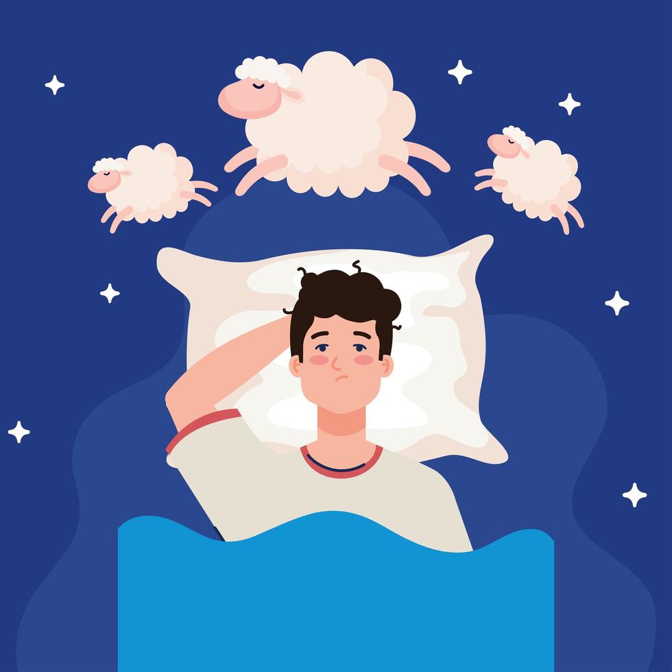 Schlaflosigkeit Mann auf Bett mit Kissen und Schafen Vektor-Design vektor