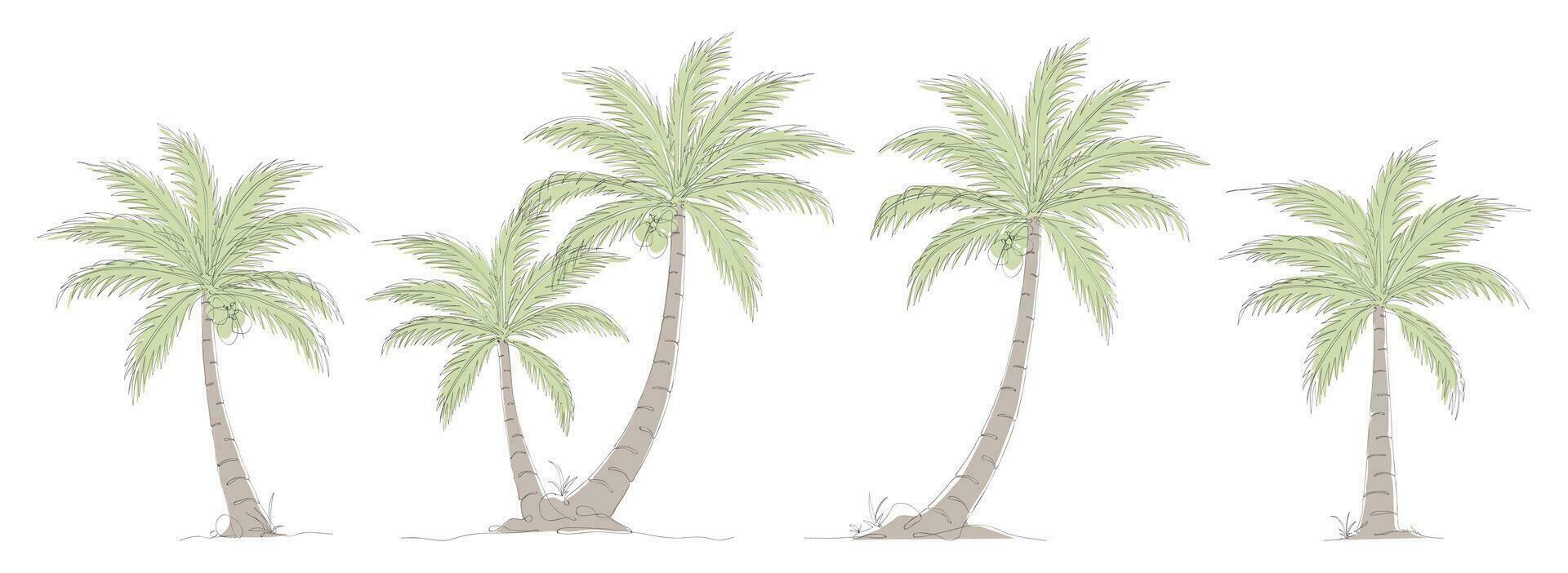 kokos träd linje konst teckning samling. enda kontinuerlig linje teckning av kokos handflatan träd uppsättning. uppsättning av dekorativ kokos handflatan träd begrepp. kokos träd modern ett linje teckning vektor illustration