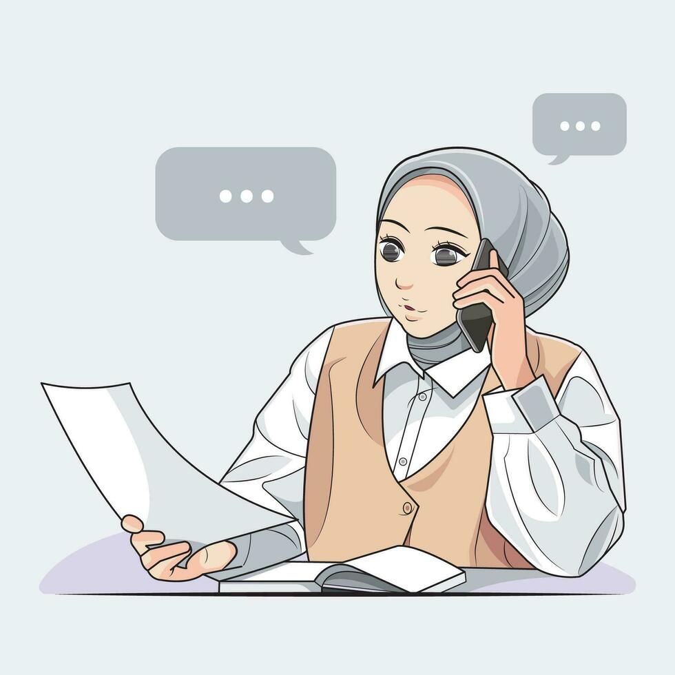 schön lächelnd Frau im Hijab Herstellung ein Anruf über Smartphone Vektor Illustration Profi herunterladen