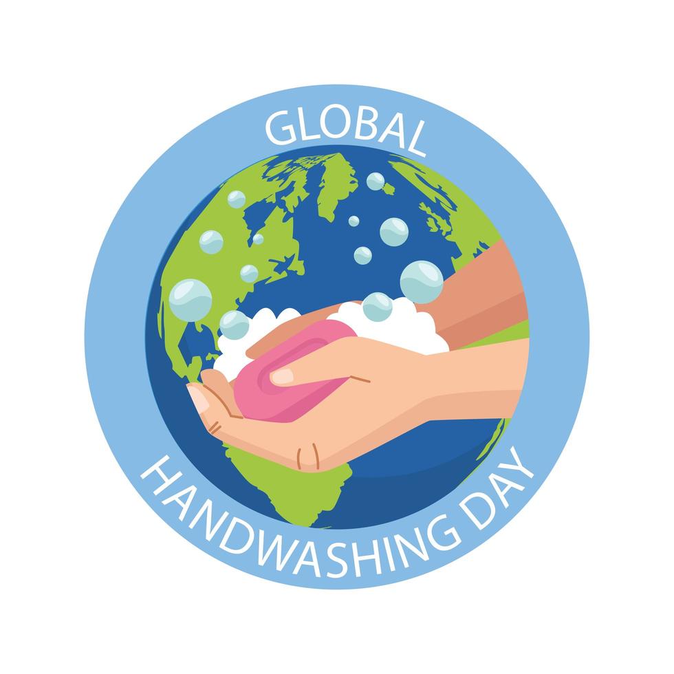 globale Handwäsche-Tageskampagne mit Händen und Seifenstück im Erdplanetenstempel vektor