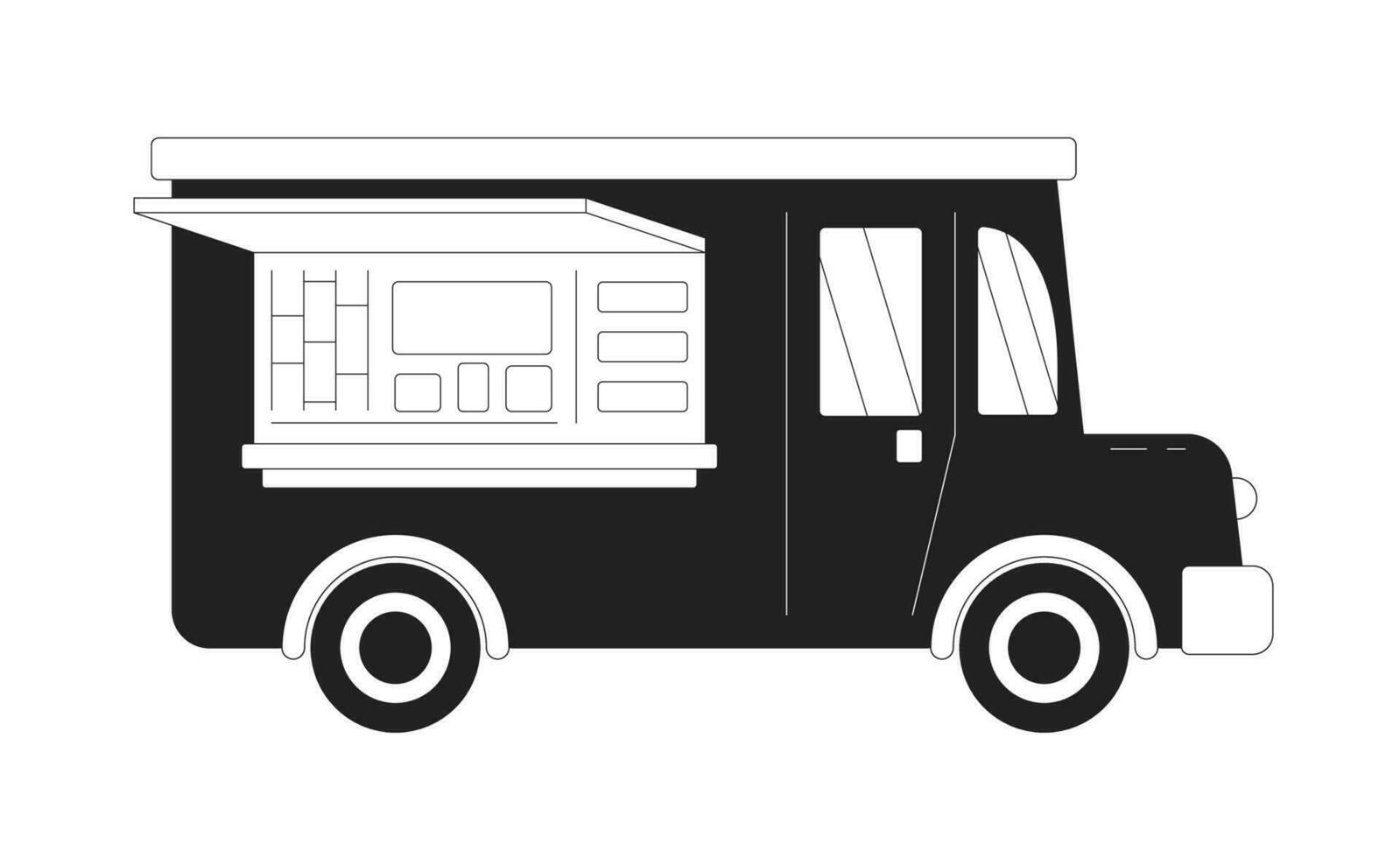 violett mat lastbil platt svartvit platt vektor objekt. bil för matlagning och försäljning gata mat. redigerbar svart och vit tunn linje ikon. enkel tecknad serie klämma konst fläck illustration för webb grafisk design
