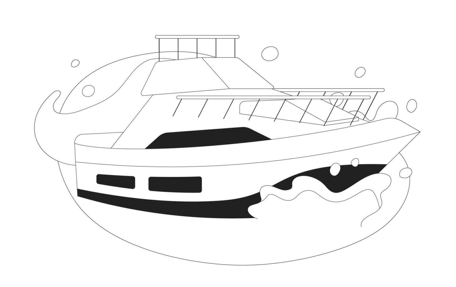 lyx Yacht på vatten svartvit platt vektor objekt. hav stänk runt om båt. Yacht lopp. redigerbar svart och vit tunn linje ikon. enkel tecknad serie klämma konst fläck illustration för webb grafisk design