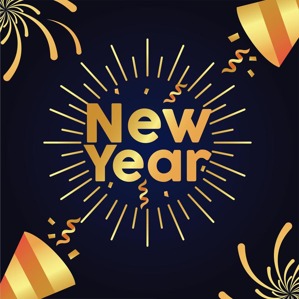 nytt år gyllene bokstäver kort med cornets party vektor