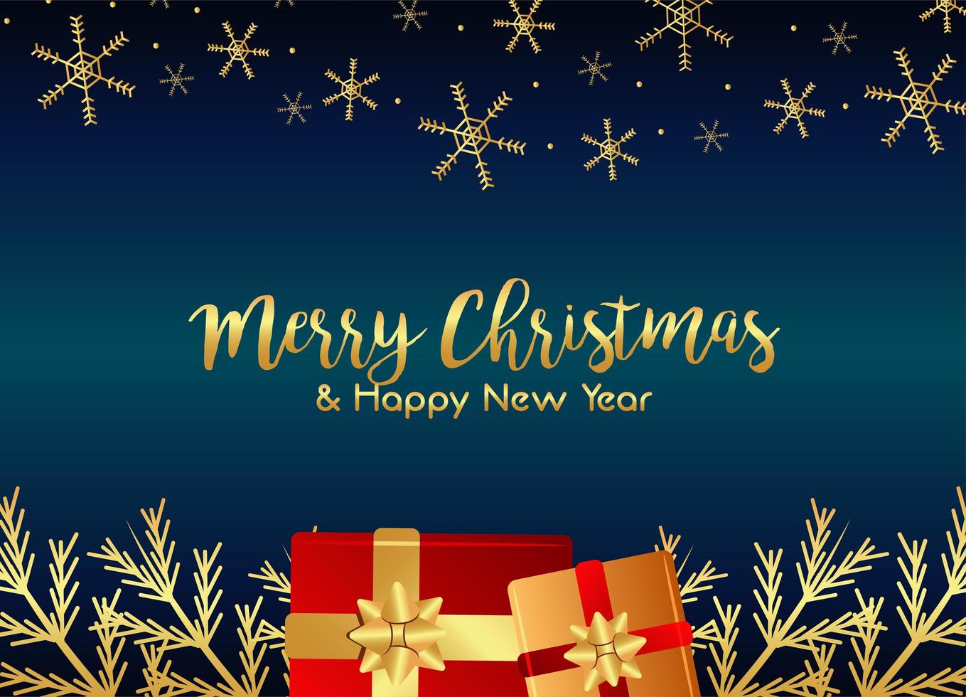 Frohe Weihnachten und Frohes Neues Jahr-Beschriftungskarte mit Geschenken und goldenen Schneeflocken vektor