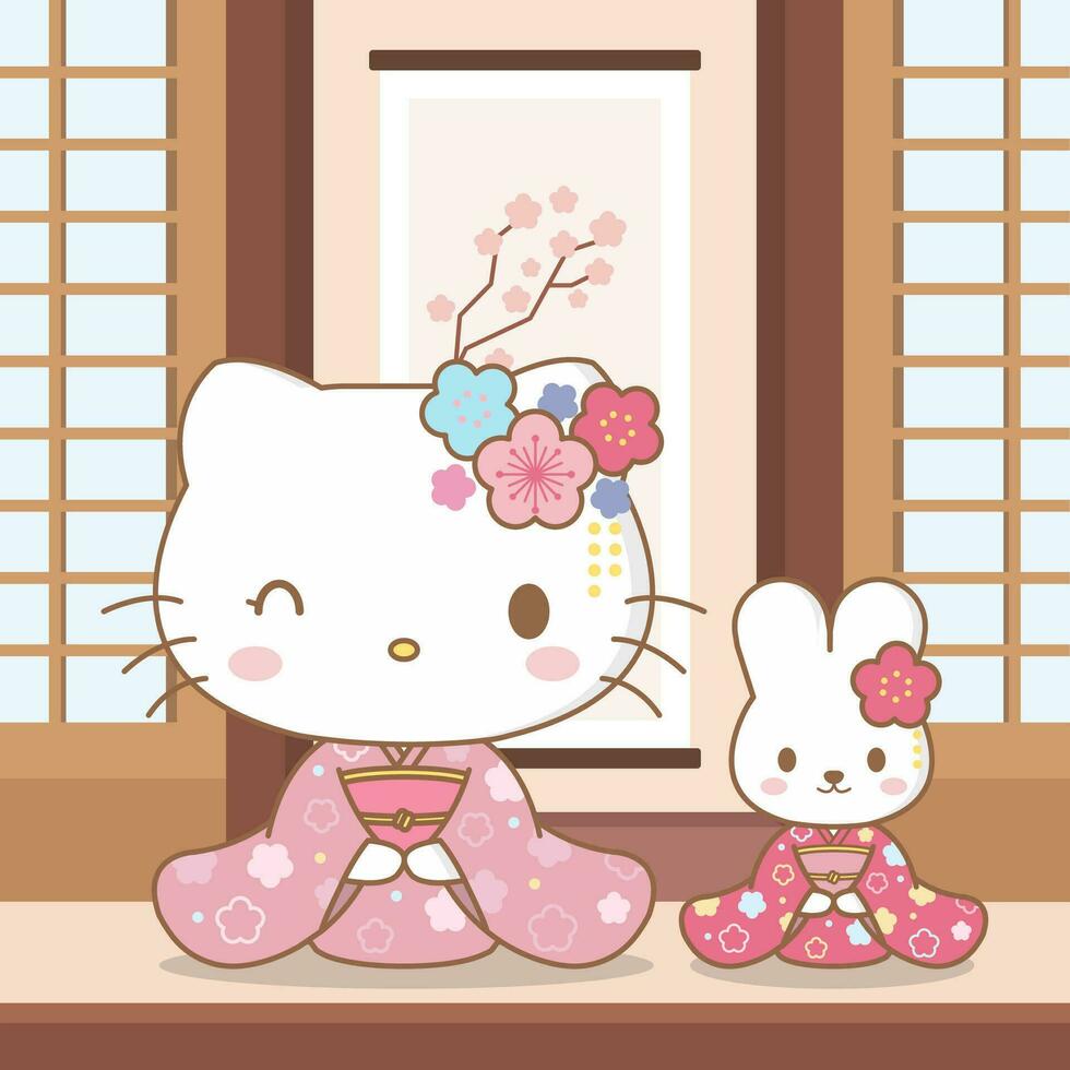 süß Weiß Katze mit ihr Freund sind Sitzung im Tatami Zimmer vektor