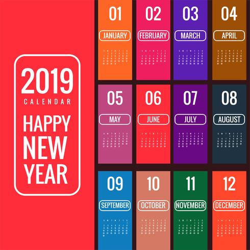Jahr 2019, schöner Kalender kreatives Design vektor