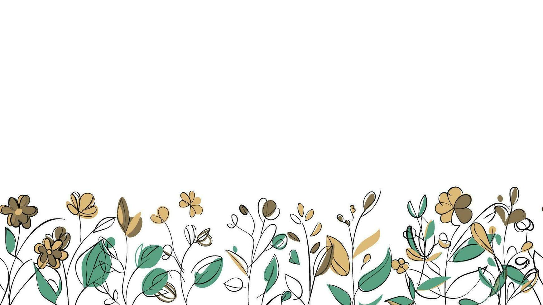 Frühling bunt botanisch eben Vektor horizontal Illustration auf Weiß Hintergrund. Banner Blumen- Hintergrund dekoriert mit Herrlich mehrfarbig Blühen Blumen und Blätter Grenze.