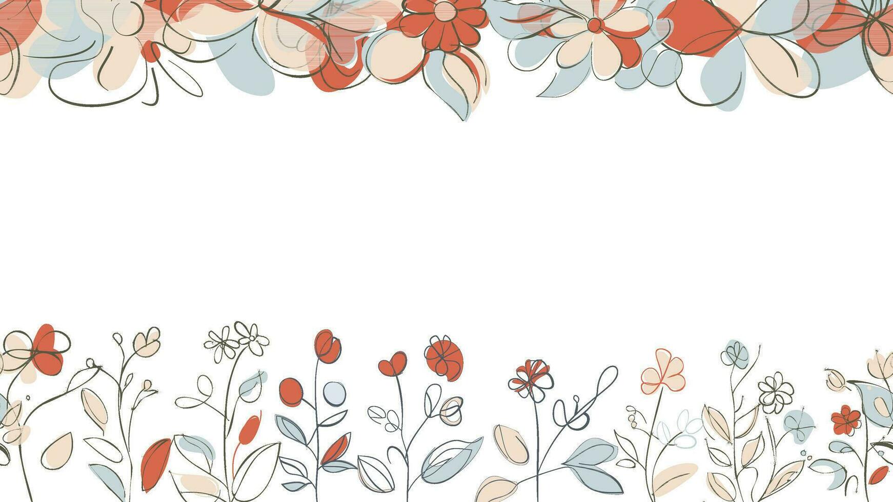 Frühling bunt botanisch eben Vektor horizontal Illustration auf Weiß Hintergrund. Banner Blumen- Hintergrund dekoriert mit Herrlich mehrfarbig Blühen Blumen und Blätter Grenze.