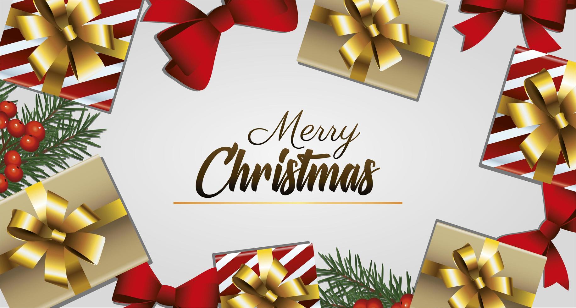 goldene Beschriftung der frohen frohen Weihnachten mit Geschenken und Bogenrahmen vektor