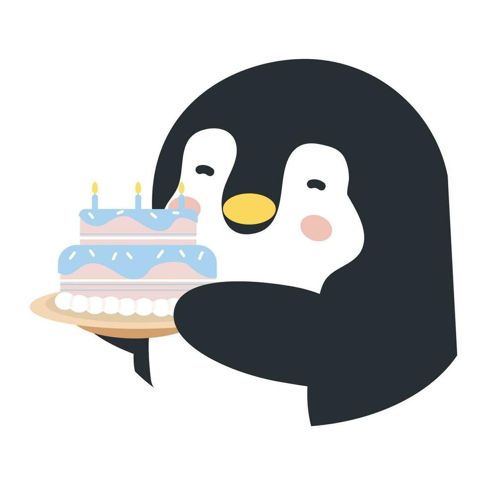 Lycklig pingvin innehav födelsedag kaka vektor