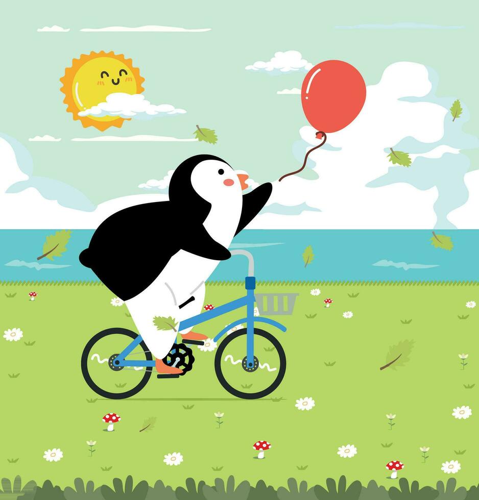 süß Pinguin Reiten ein Fahrrad im das Felder vektor