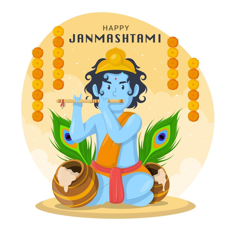 Feier des Janmashtami mit Krishna, der Flöte spielt vektor