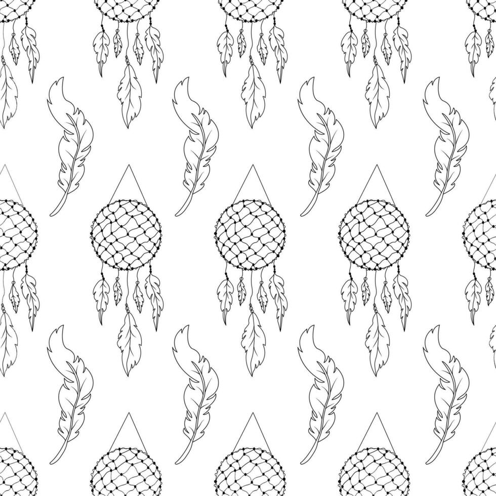 nahtlos Muster mit Hand gezeichnet Traumfänger mit Angeln Netz, Fäden, Perlen und Gefieder im Boho Stil. vektor
