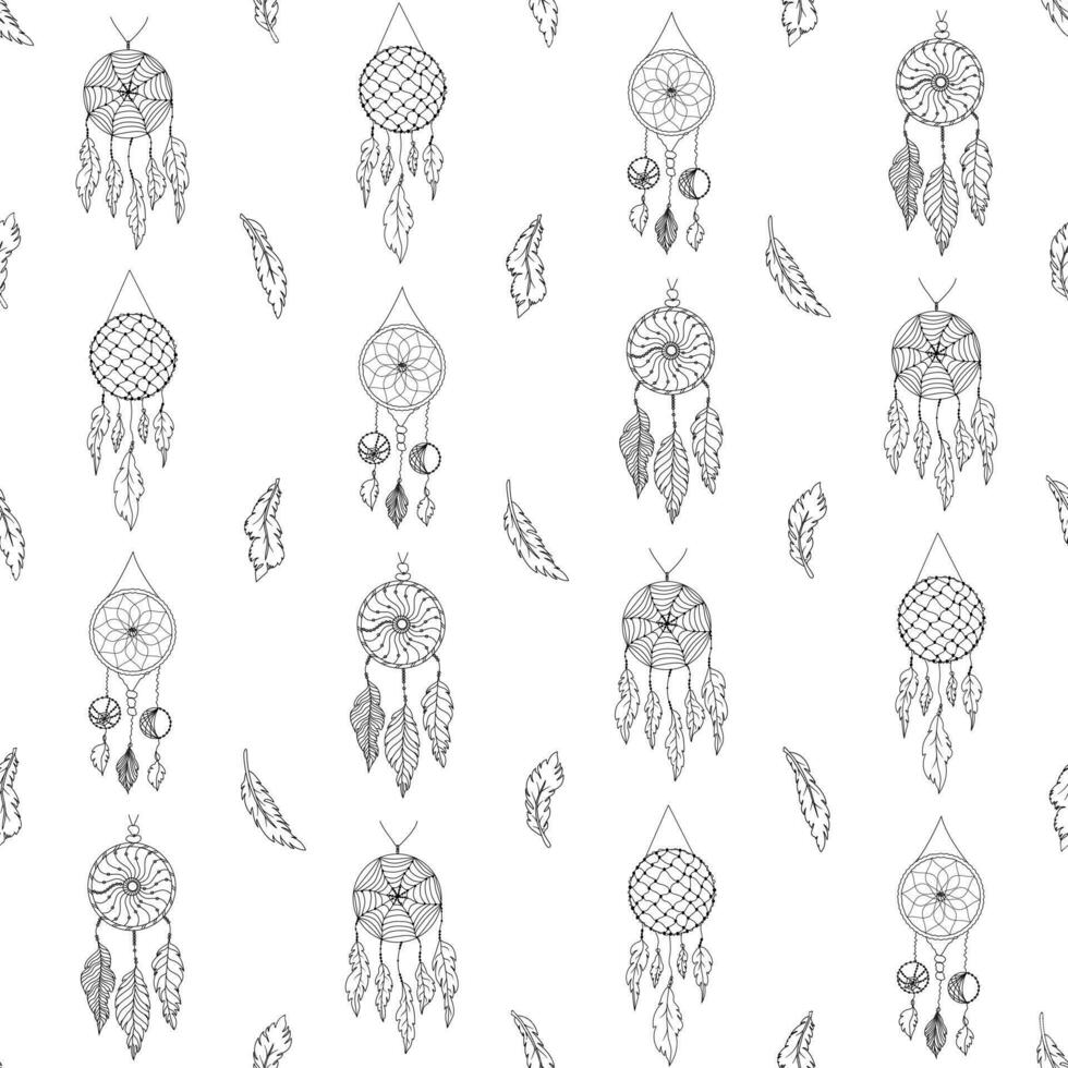 nahtlos Muster mit Hand gezeichnet verschiedene Traumfänger mit Spinnennetz, Fäden, Perlen und Gefieder im Boho Stil. schwarz auf Weiß Hintergrund. vektor
