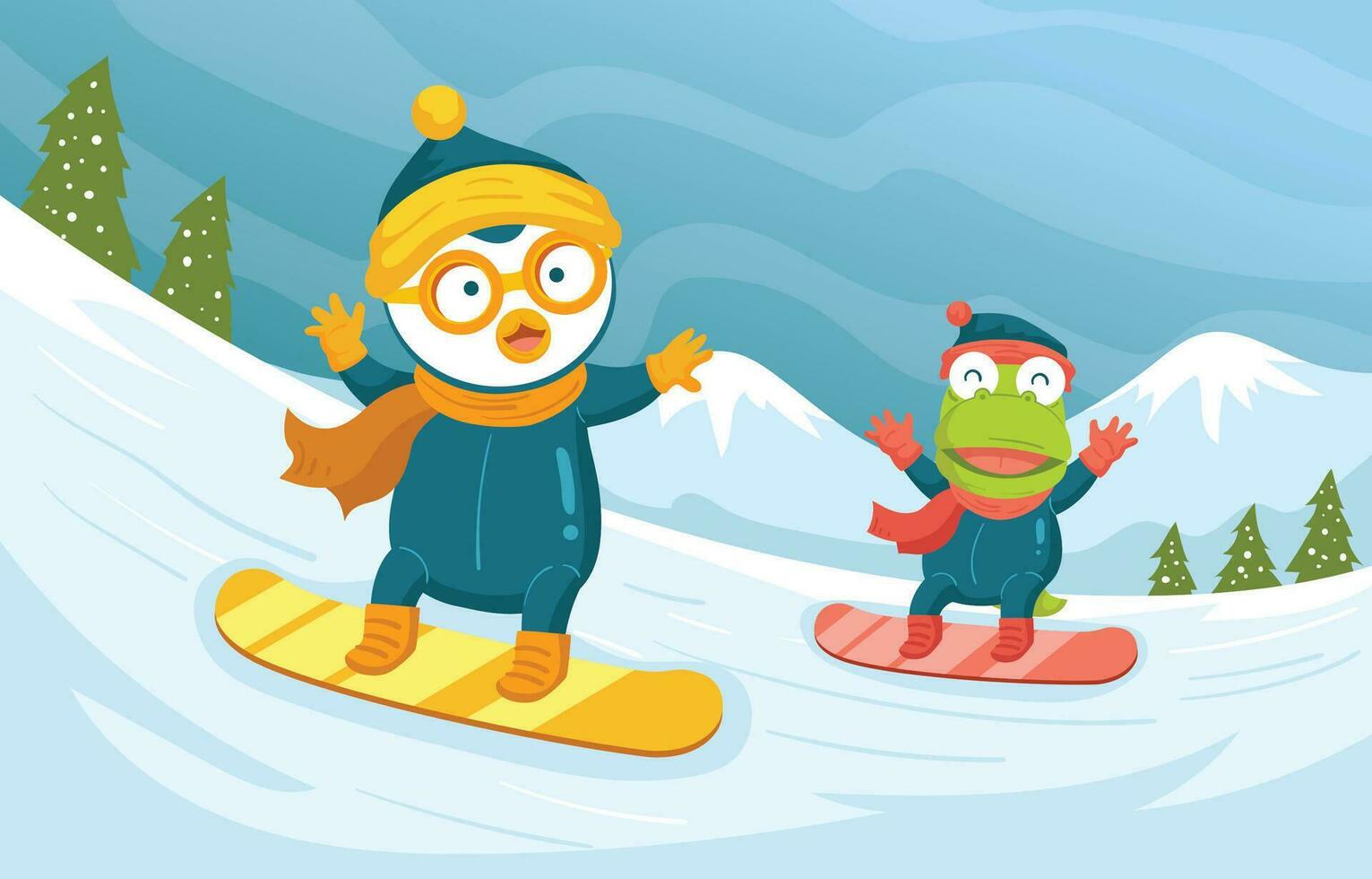 pororo och vänner spelar snowboard i snöig berg bakgrund vektor