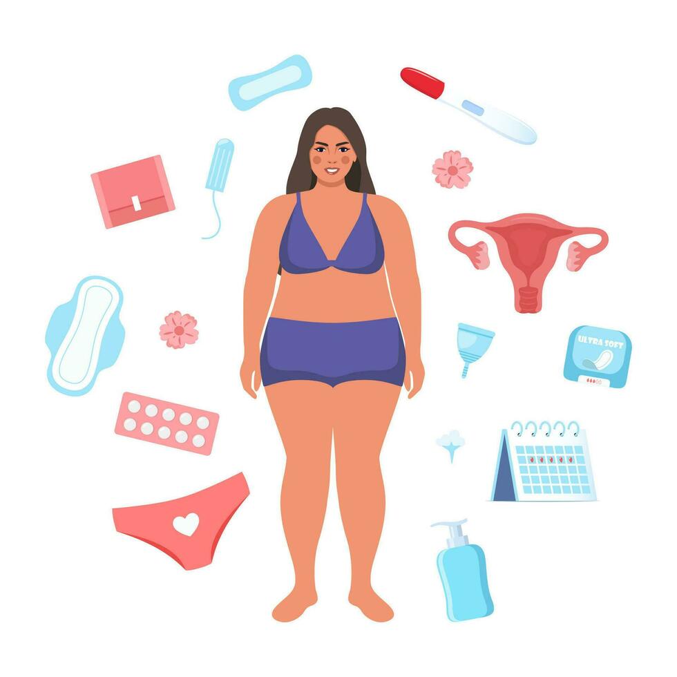 Frauen Gesundheit Konzept. Menstruation, Zeitraum, weiblich Gebärmutter, reproduktiv System. Frau, Schwangerschaft prüfen, Tampon, Kalender, Mutterleib, Pads, Menstruation- Tasse, Hose. Vektor Illustration.