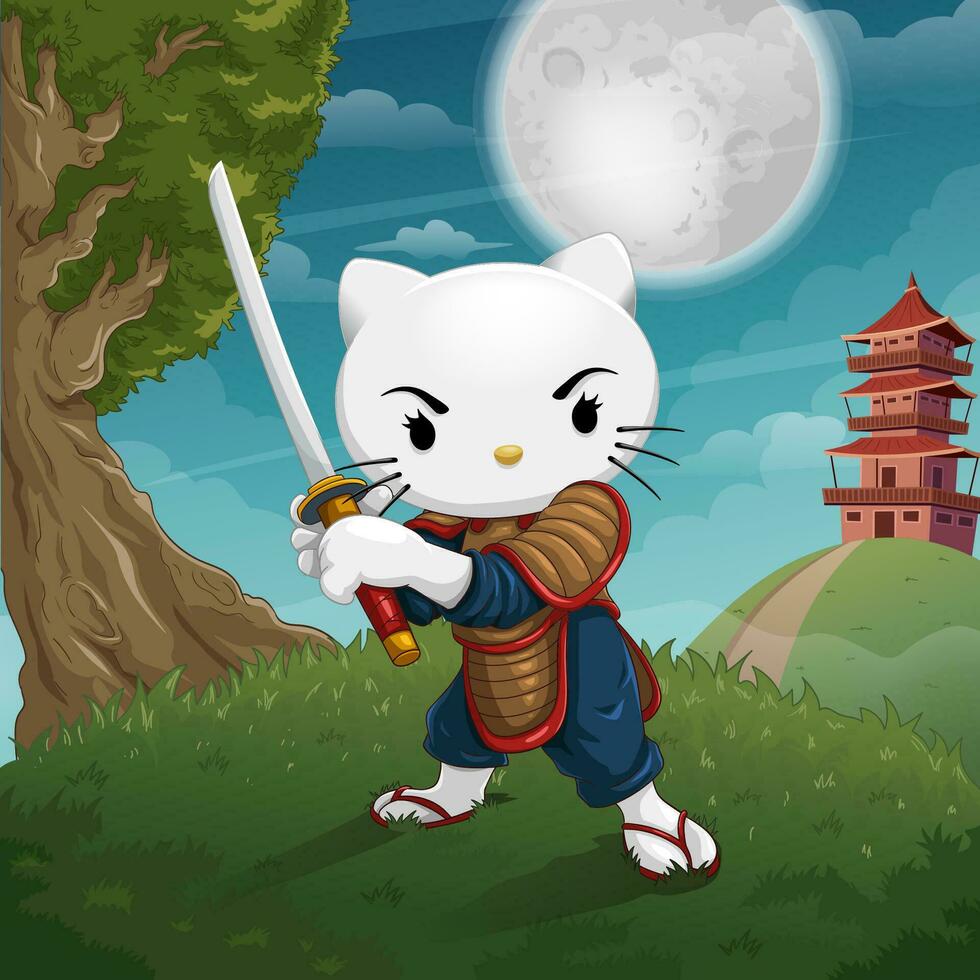 das zuletzt Weiß Katze Samurai Konzept vektor