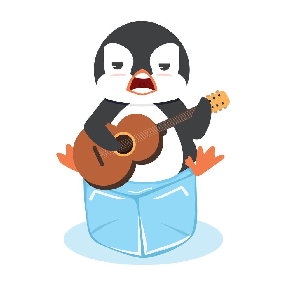 rolig tecknad pingvin med gitarr vektor