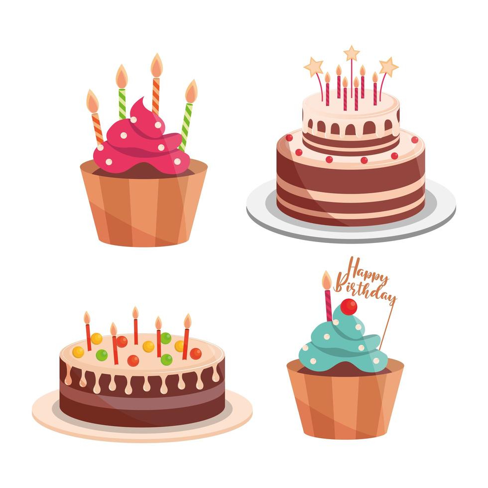 Geburtstagstorten und Cupcakes Kerzen Schriftzug Feier und Dekoration vektor