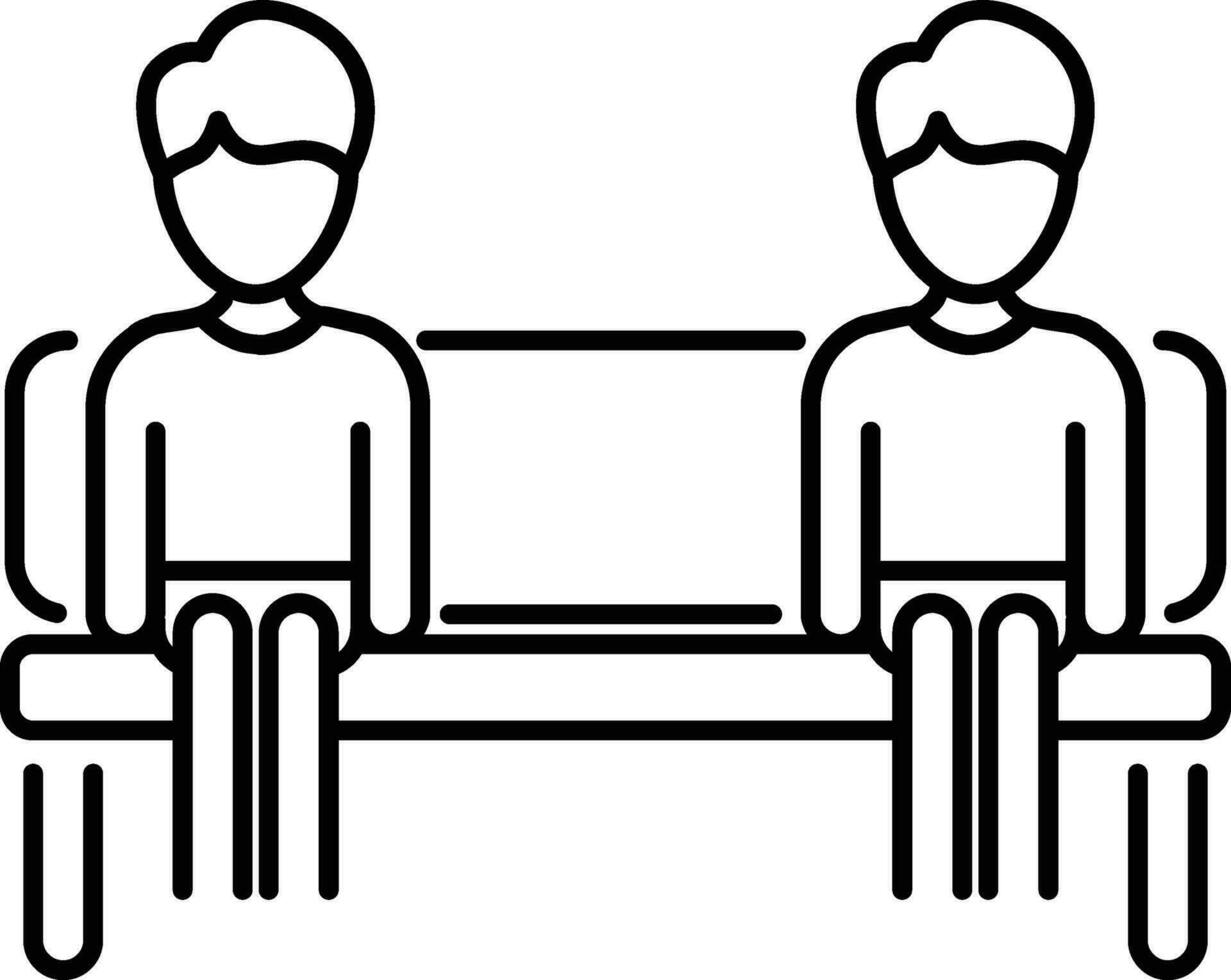 zwei Männer sitzen auf Öffentlichkeit Sitze mit Sozial Distanzierung Symbol im Linie Kunst. vektor