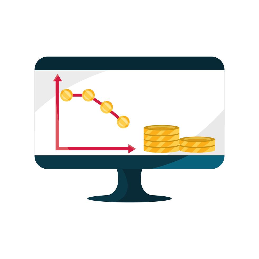 datordiagram minskning mynt pengar aktiemarknaden krasch isolerad ikon vektor