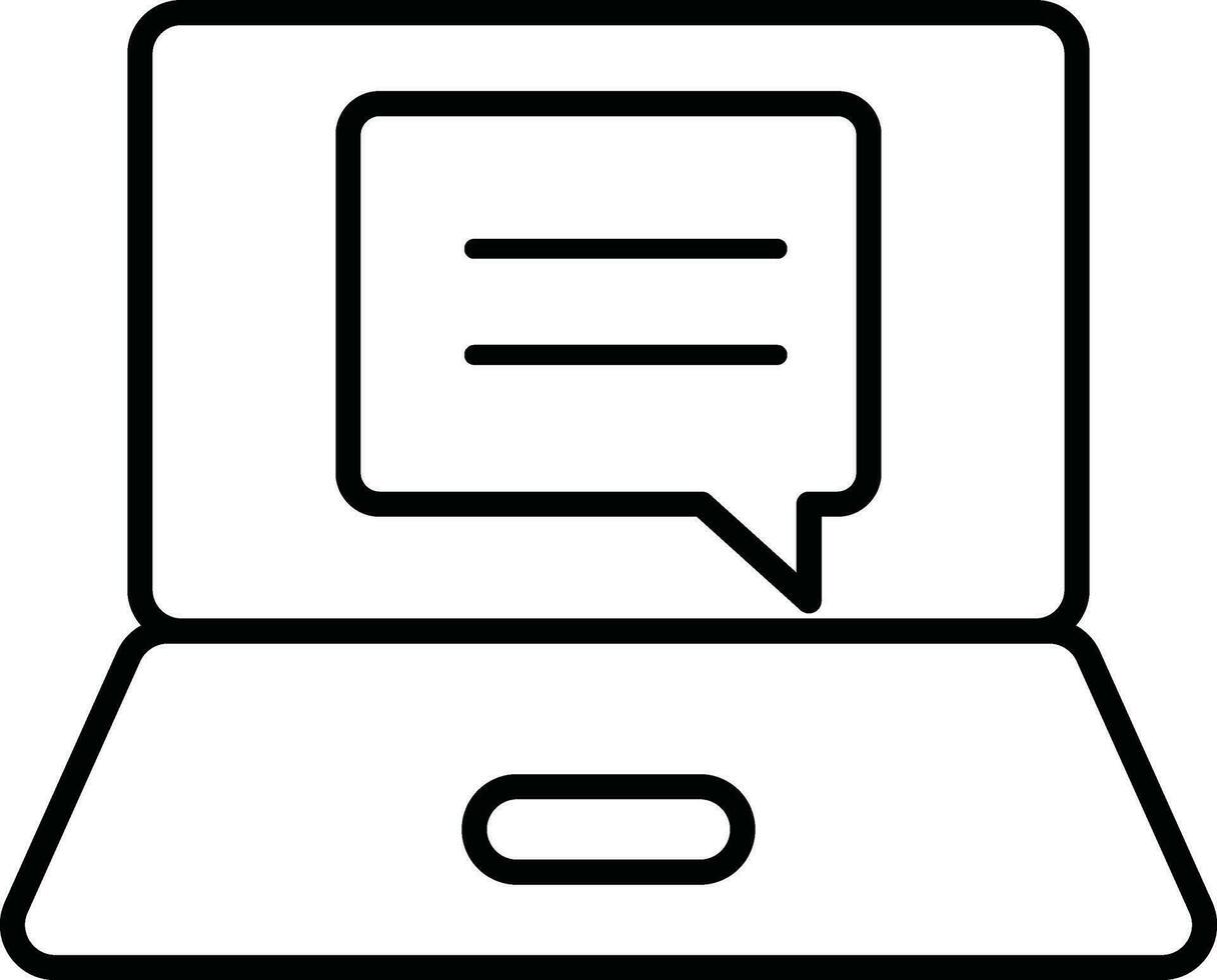 uppkopplad chatt eller Tal bubbla på bärbar dator skärm ikon i linje konst. vektor