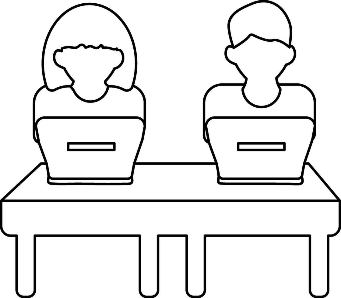 linje konst illustration av pojke och flicka använder sig av bärbar dator ikon för grupp inlärning eller lagarbete. vektor
