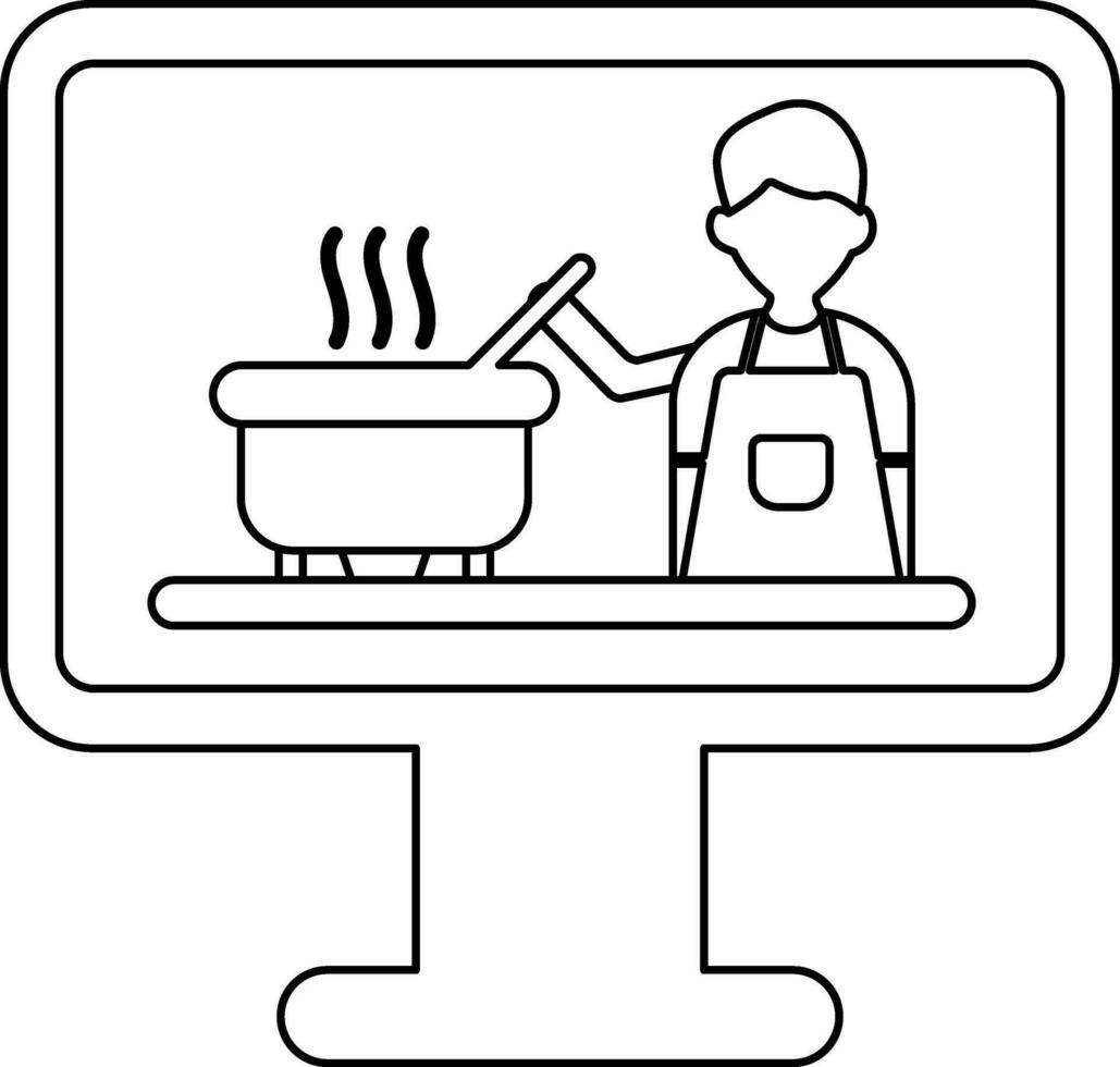 Koch Herstellung Essen im Monitor Bildschirm Linie Kunst Symbol zum online Kochen. vektor