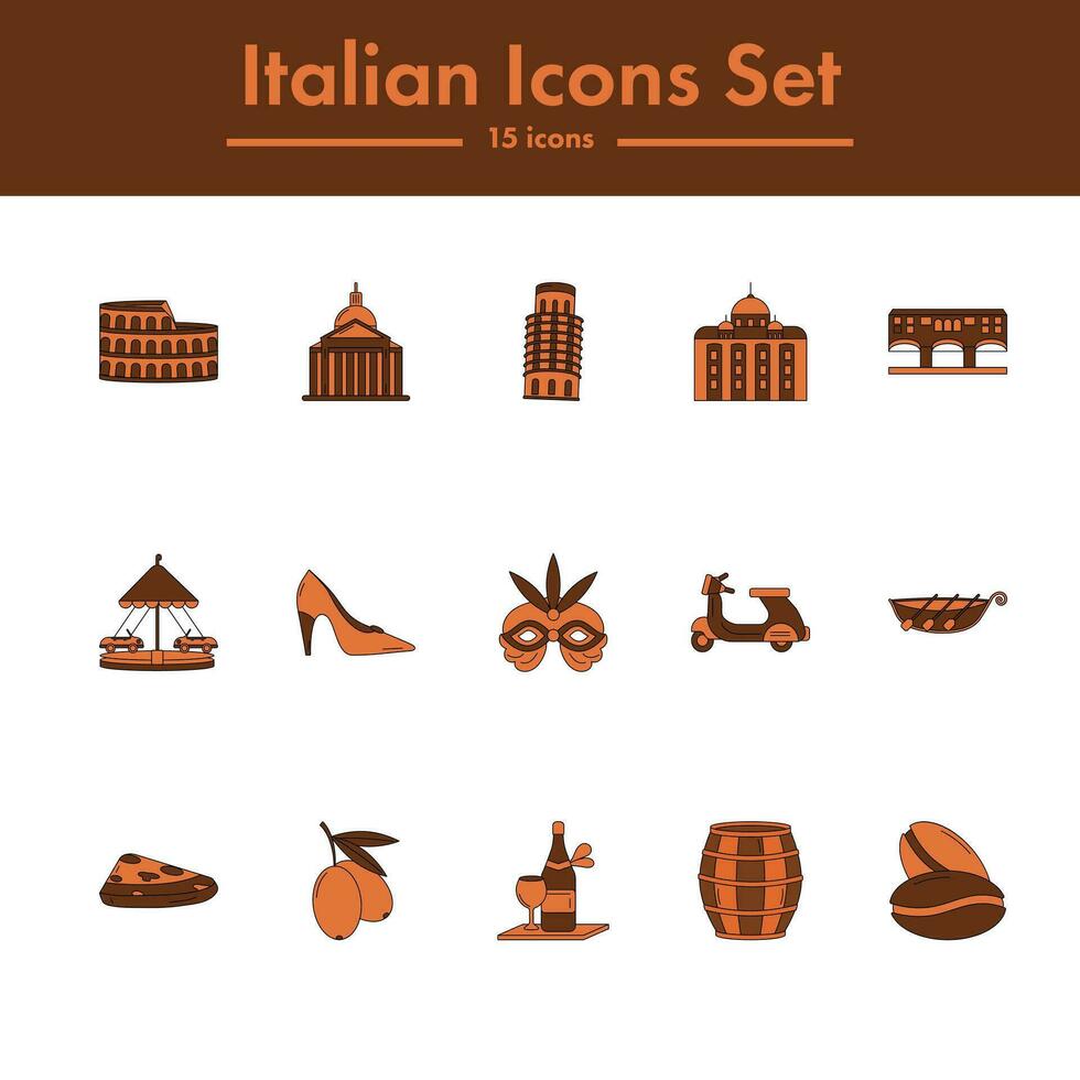 braun und Orange Farbe einstellen von Italienisch Symbol im eben Design. vektor