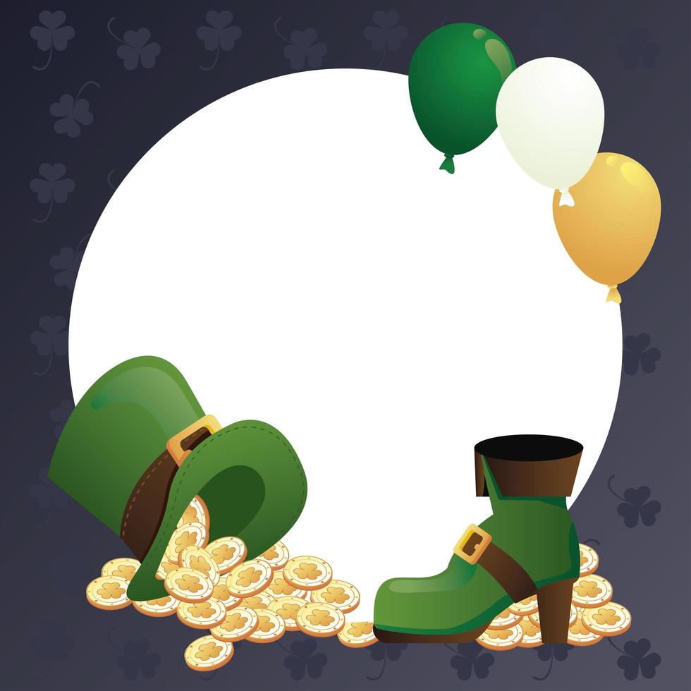 Happy Saint Patricks Day Poster mit Schatz in Elfenhut und Stiefel mit Luftballons Helium vektor