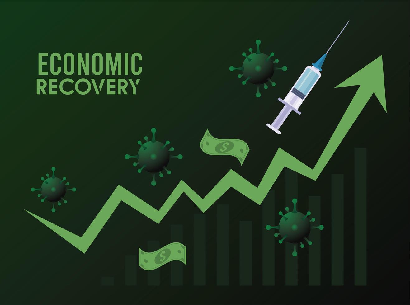 wirtschaftliche Erholung für covid19-Poster mit Geldscheinen und Impfstoffspritze im Pfeil nach oben vektor