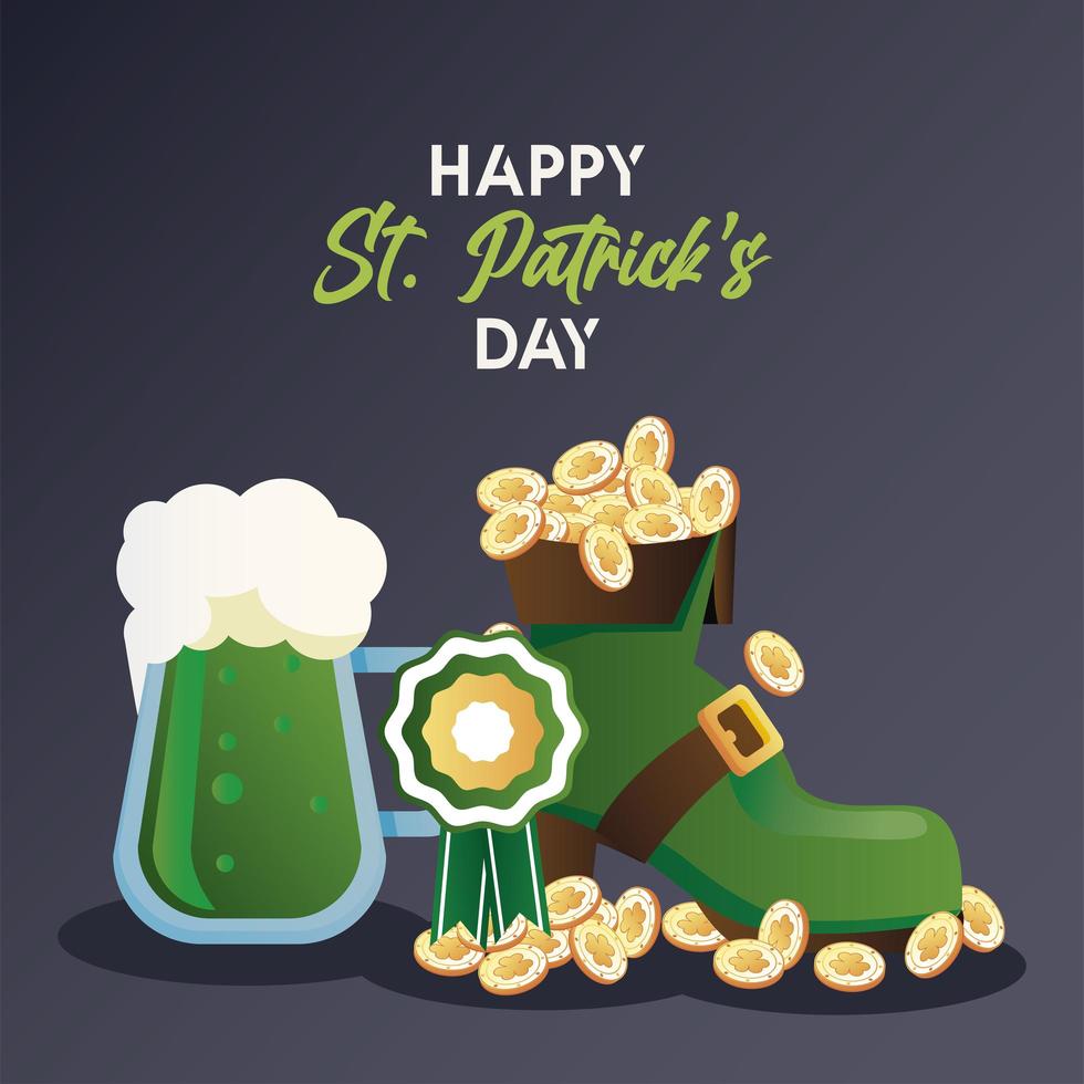 Happy Saint Patricks Day Schriftzug mit Münzen in Elfenstiefel und Bier vektor
