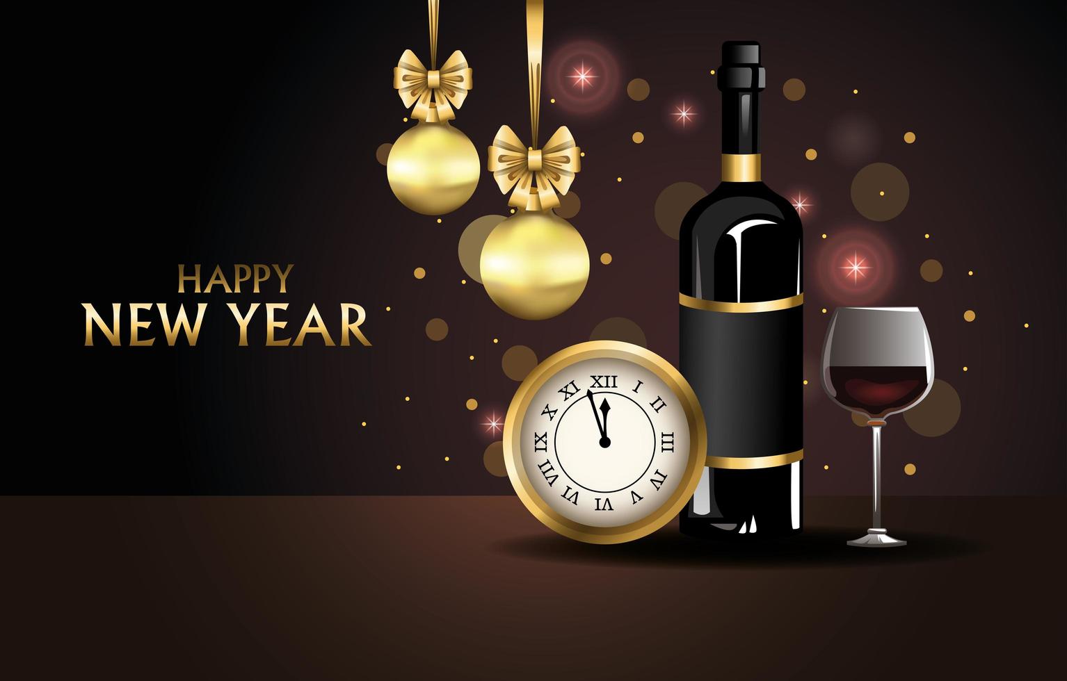 Frohes neues Jahr Karte mit Uhr und Wein vektor