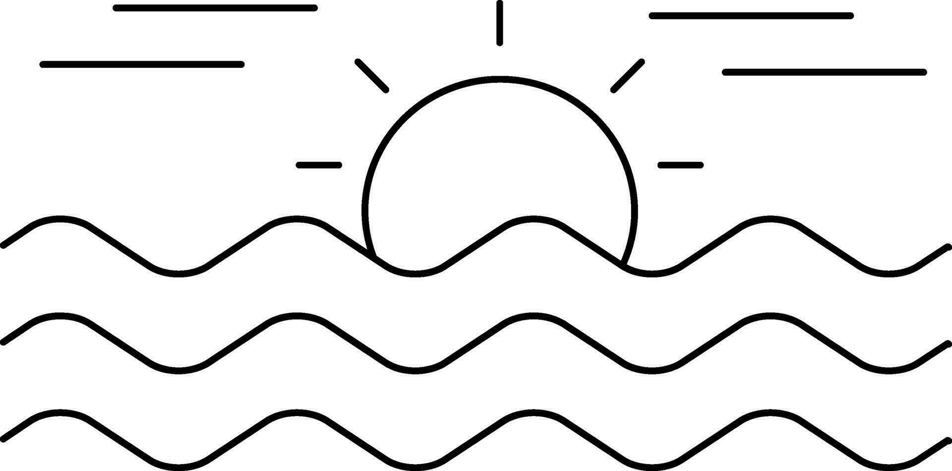 soluppgång eller solnedgång på strand ikon i svart linje konst. vektor