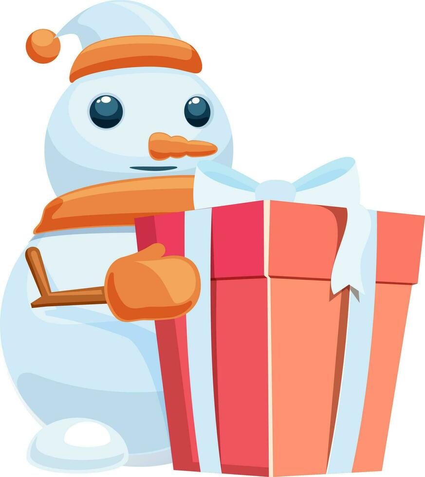 süß Schneemann mit 3d Geschenk zum Weihnachten. vektor