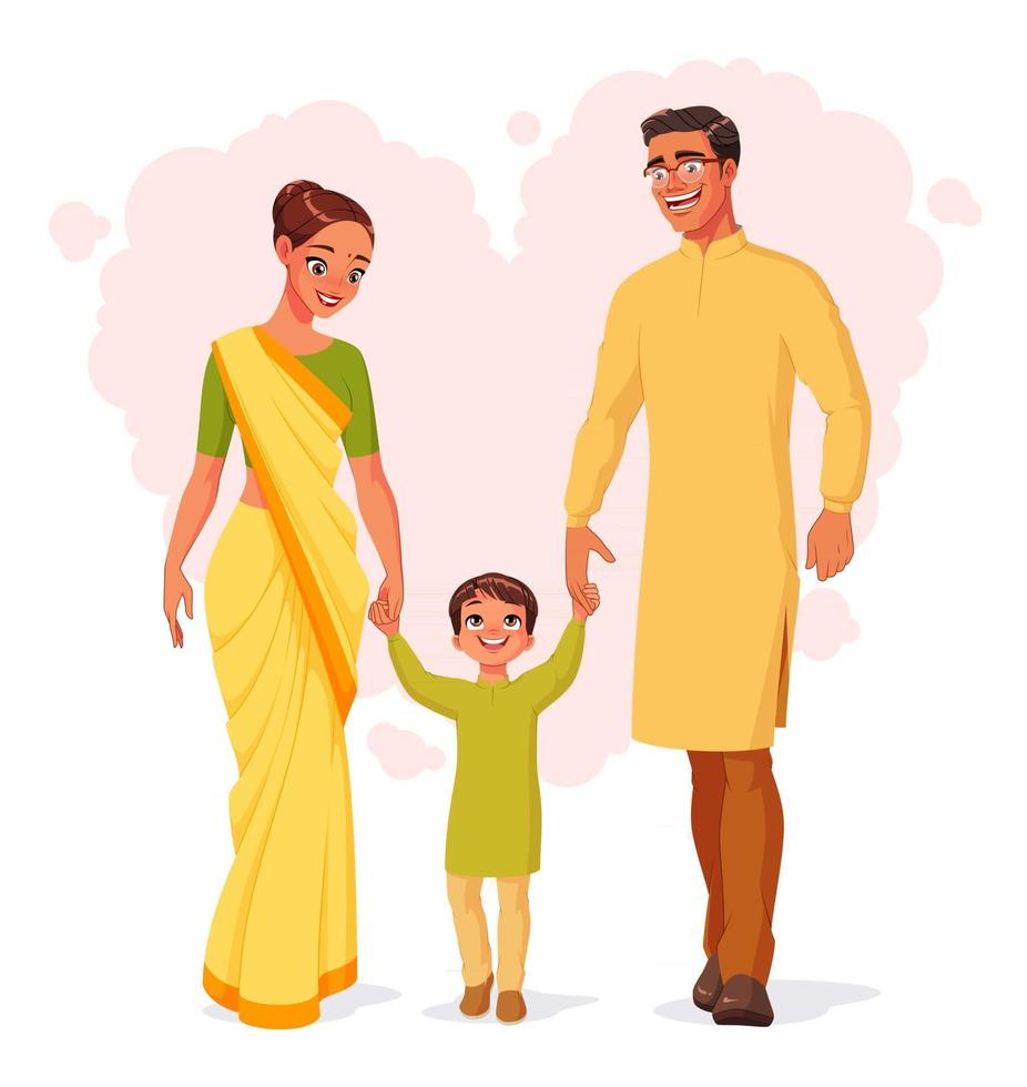 glückliche lächelnde indische Familie, die Hände und gehende Vektorillustration hält vektor