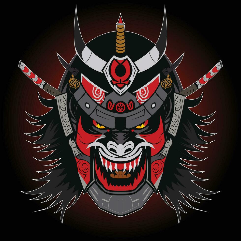 japanisch legendär oni Maske mit Samurai Helm Vektor Illustration