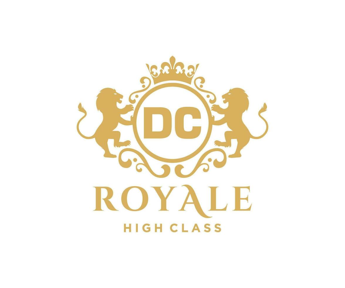 gyllene brev dc mall logotyp lyx guld brev med krona. monogram alfabet . skön kunglig initialer brev. vektor
