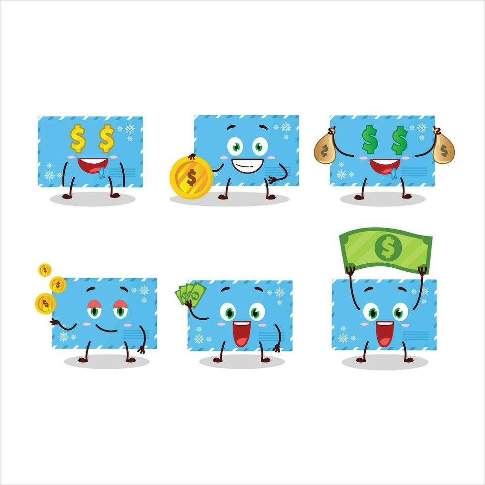 blå jul kuvert tecknad serie karaktär med söt uttryckssymbol föra pengar vektor