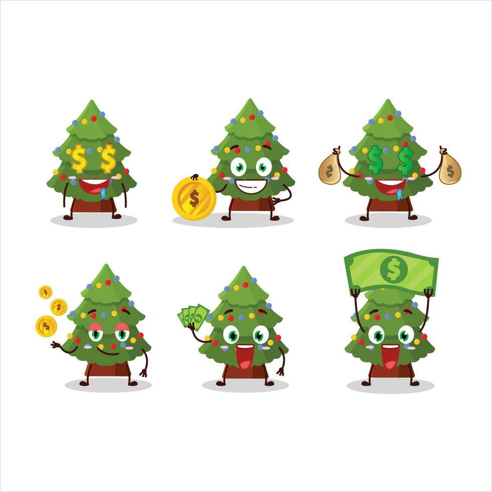 Grün Weihnachten Baum Karikatur Charakter mit süß Emoticon bringen Geld vektor
