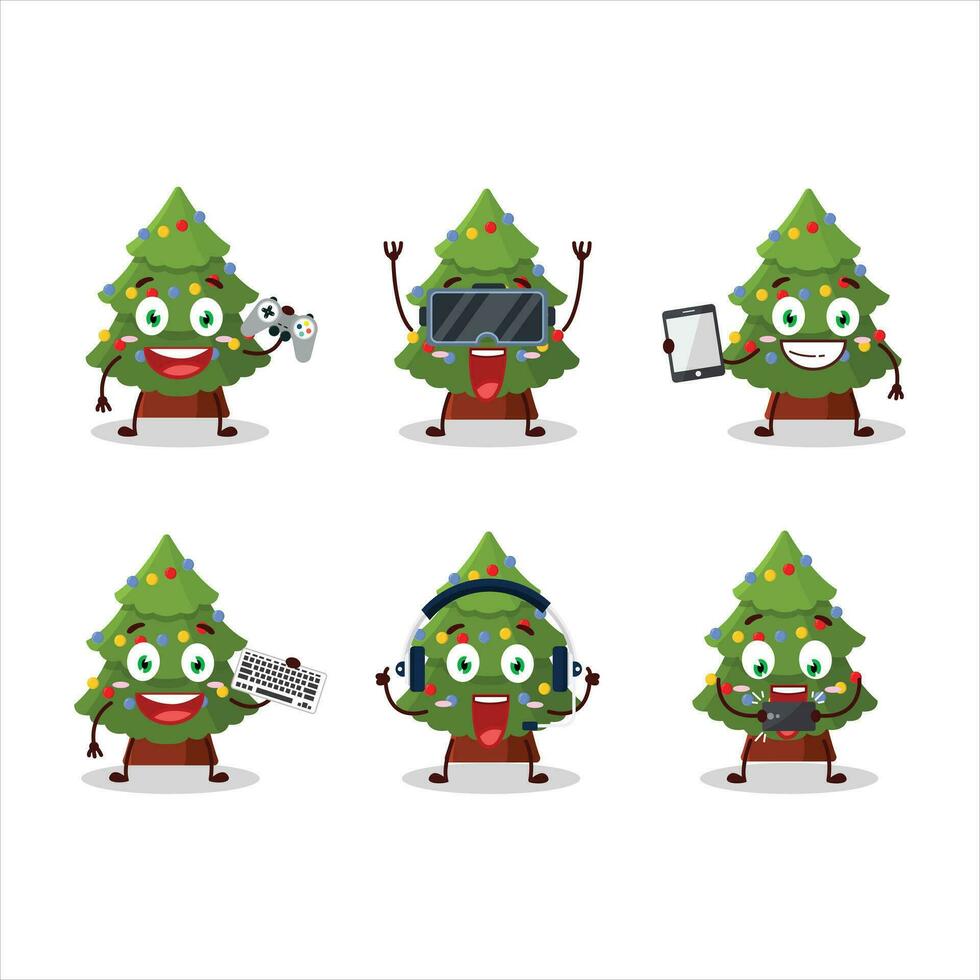 Grün Weihnachten Baum Karikatur Charakter sind spielen Spiele mit verschiedene süß Emoticons vektor