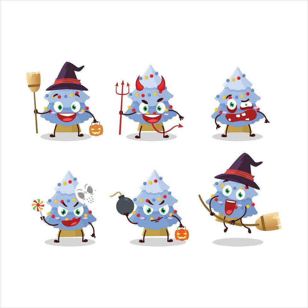 Halloween Ausdruck Emoticons mit Karikatur Charakter von Blau Weihnachten Baum vektor