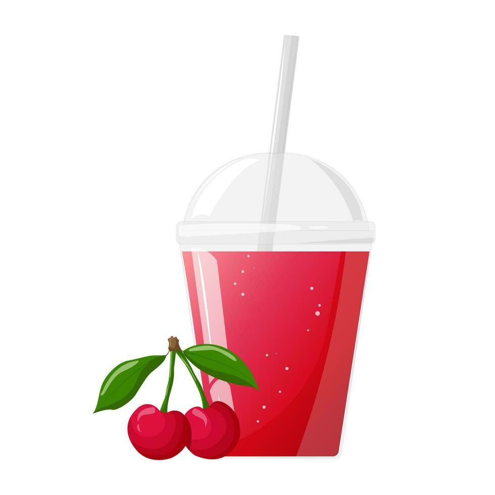 röd färsk körsbär juice i plast glas. frukt juice i klar plast kopp. vektor illustration för design av färsk produkt, juice, konserverad mat, meny för Kafé