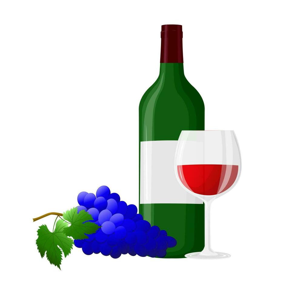 Wein Flasche, Glas, Ast von Traube mit Blätter. zum Wein Liste, Speisekarte, Flyer, Party, Alkohol Getränke, Feier Feiertage. Vektor Illustration