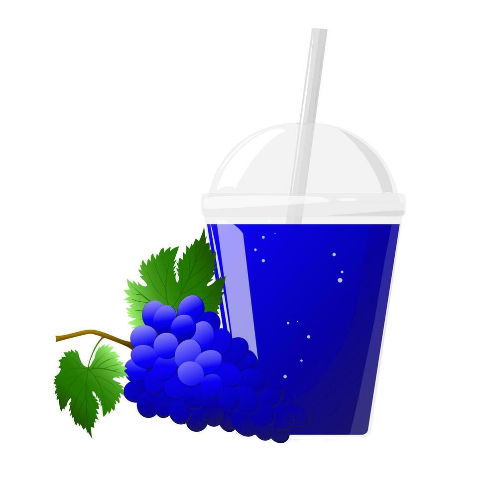 Plastik Glas von Traube Saft und Bündel von Blau Trauben isoliert auf Weiß Hintergrund. zum Etiketten, Menüs, Poster, drucken, oder Verpackung Design. Vektor Illustration