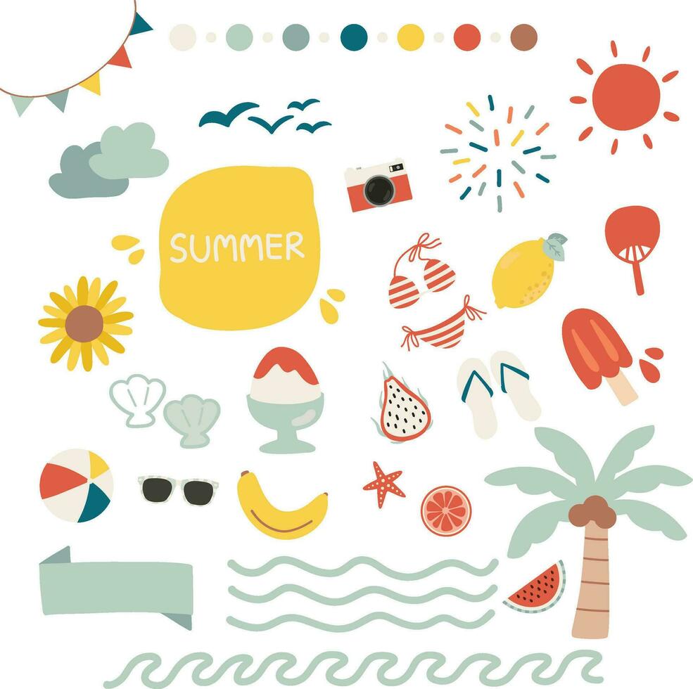 Hand gezeichnet Vektor Illustration einstellen von Sommer- Urlaub Stimmung Aufkleber Pack. süß Ferien Elemente Gekritzel im eben Stil Design