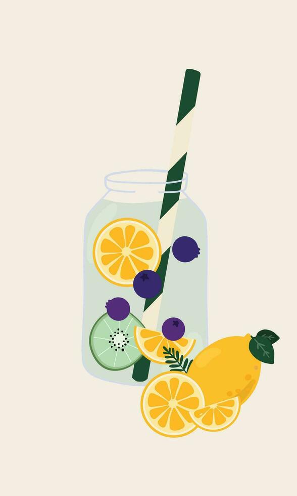 hand dragen vektor illustration av frukt infuserad vatten i en glas burk. annorlunda sortiment frukt och grönsaker i en vatten för detox och förfriskning för en tropisk Semester