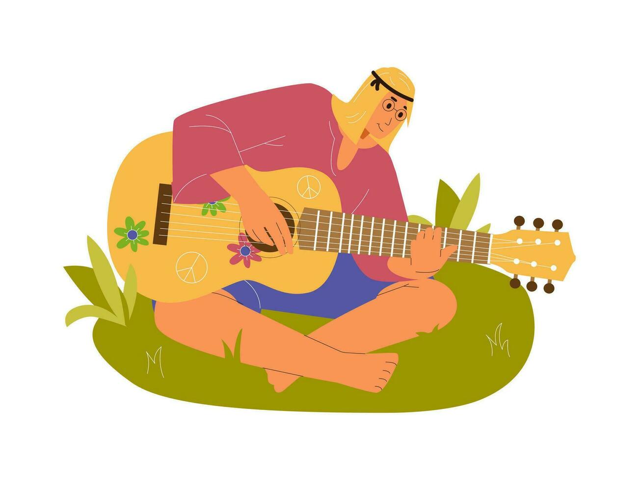 Mann Hippie Sitzung auf das Gras barfuß spielen das Gitarre eben Vektor Illustration. Mann von das 70er.